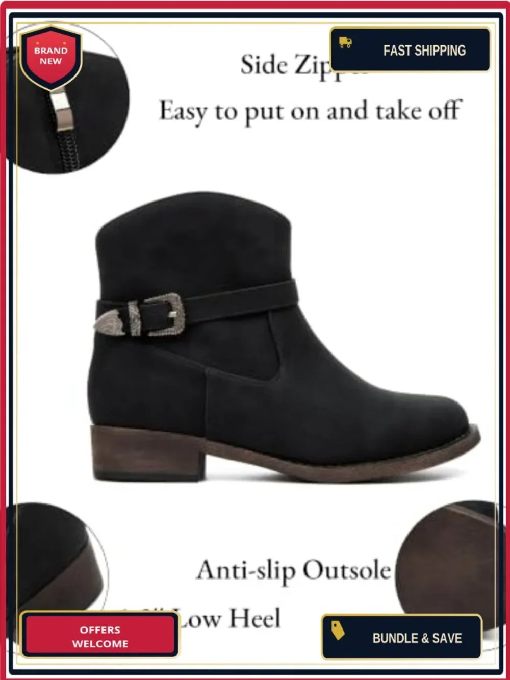 Faux Leather Ankle Boots Low Chunky Heel Side Zipper Western Cowboy Round Toe